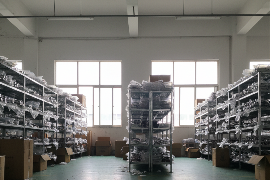 A time-lapse view of a bustling, large-scale eyewear assembly line in Wenzhou