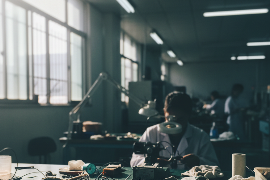 A skilled technician making micro-adjustments to a pair of premium titanium sunglasses