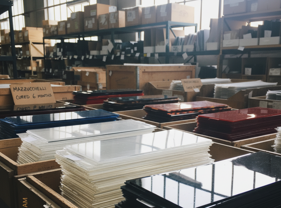 A sheet of high-end Mazzucchelli acetate showing its deep, complex pattern