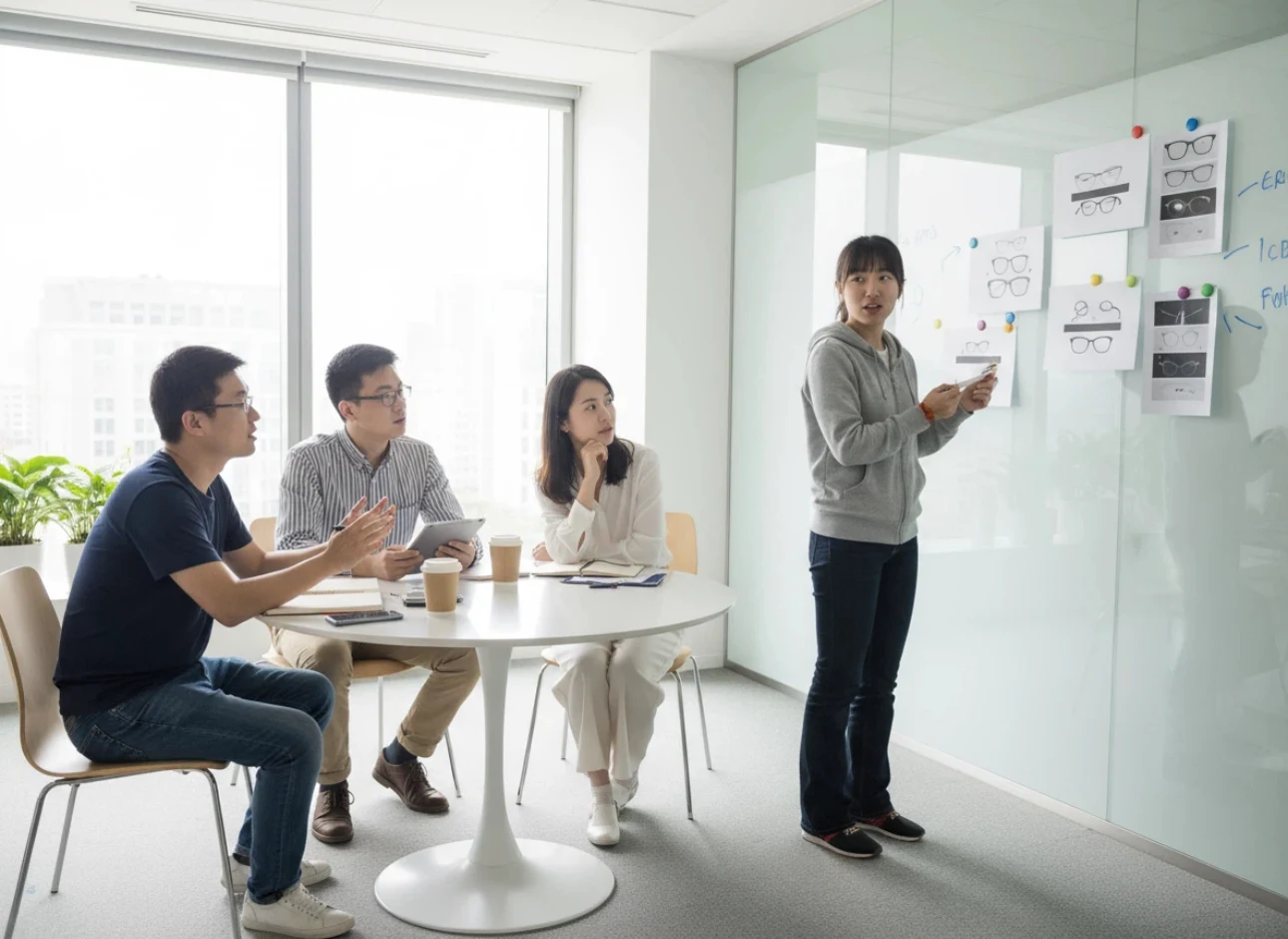 Muton Optical's professional R&D team collaborating on innovative eyewear designs and OEM projects.