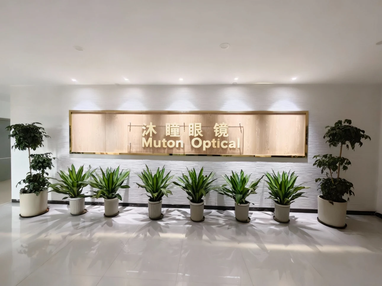 Modern reception and headquarters entrance of Muton Optical, a professional eyewear supplier.