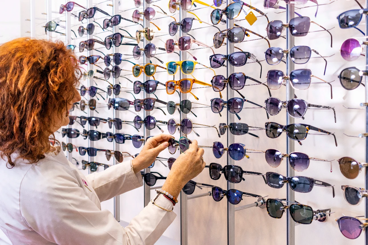 Extensive collection of trendy sunglasses and optical frames in Muton Optical's B2B showroom.